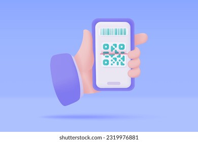 Hand holding a phone. online payment by credit card cashless society Scan QR code to pay online. 3D illustration.