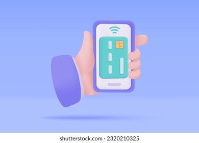 Hand holding a phone. online payment by credit card cashless society Scan QR code to pay online. 3D illustration.