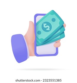 Hand holding a phone. online payment by credit card cashless society Scan QR code to pay online. 3D illustration.