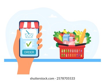 A hand is holding a phone for online shopping with credit card. Order grocery online. Cart with different groceries. Vector illustration in flat style