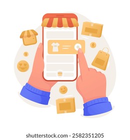 Hand holding phone with online shopping application, Add to cart, add to shopping list, Vector illustration