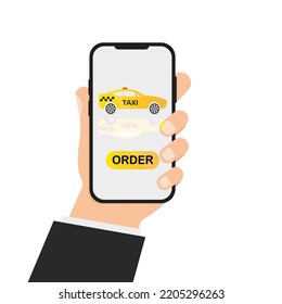 Hand holding the phone to order a taxi. Vector illustration