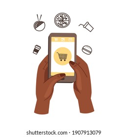 Hand Holding Phone Ordering Food Using Internet Vector Illustration