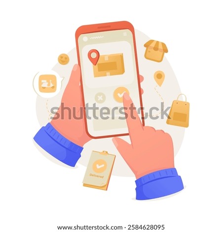 Hand holding phone with package received page, Ui mobile screen with illustration of order package has arrived, Vector design