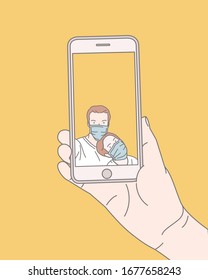Hand holding phone and people wearing mask coronavirus, vector illustration
