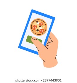 Hand holding a phone with pizza app. Traditional italian fast food. Vector illustration.
