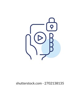 Hand holding phone with play button and lock. Secure streamline and media. Pixel perfect, editable stroke vector icon
