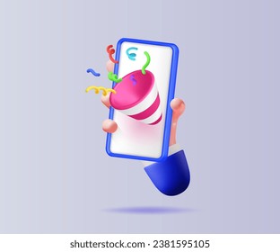 Hand holding phone with popper and confetti icon. Concept of prize, winning, celebration. Vector 3D illustration.