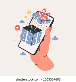 Hand holding phone with present box in it. Gift give away. Communication, social networking concept. Stylized hand drawn vector illustration for Mobile Application or web sites and banner design