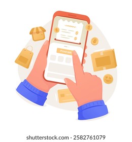 Hand holding phone with pressing print bill button, UI screen navigation menu print transaction, Online shopping application, Vector illustration