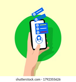 Hand holding phone with profile application. Job search profile. Filtered data loading. Vector flat illustration.