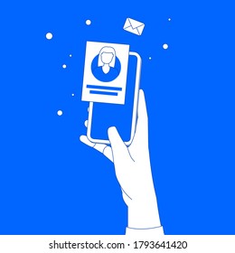 Hand holding phone with profile application. Review profile. Filtered data. Incoming message, mail. Vector illustration.