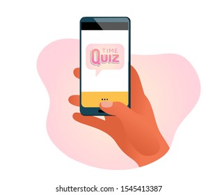 Hand holding phone with quiz time type. Social media elements stories stickers, web, app, ui. Social media quiz. Vector illustration