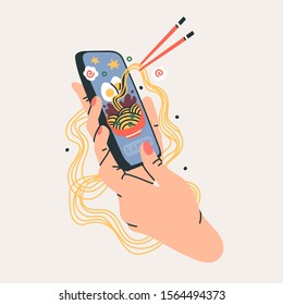 Hand holding phone with ramen bowl. Food delivery. Communication, social networking concept. Stylized hand drawn vector illustration for Mobile Application or web sites and banner design