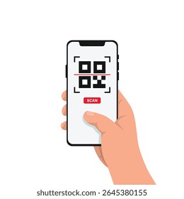 A hand holding a phone with a red bar and the word "scan" on it. Concept of using a phone to scan something, possibly a QR code or a barcode