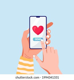 Hand holding phone with red heart. Sending love messages on smartphone. Chatting with friends. Social media addiction. Vector illustration