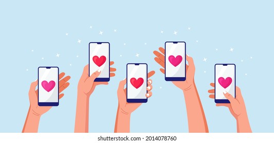 Hand holding phone with red heart. Sending love messages on smartphone. Chatting with friends. Social media addiction. Vector illustration