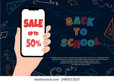 Hand holding phone with sale Back to school Blackboard poster with icons and 