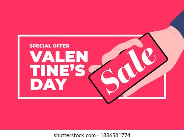 Hand holding phone with sale promotion. Valentines day sale banner template.
