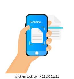 Una mano sujetando un teléfono y escaneando documentos a través del teléfono. Ilustración del vector