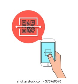 hand holding phone and scanning qr code. concept of price tag, laser, device, global retail, capture, link, program. isolated on white background. flat style trend modern design vector illustration