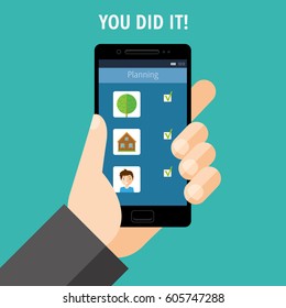 Hand holding a phone with the scheduling tasks. The words "You did it!". Vector