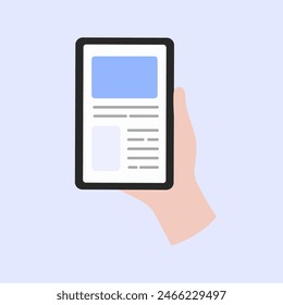 Hand holding phone screen reading new article. Technology, social media post, communication, information, networking concept. Flat vector design isolated illustration.