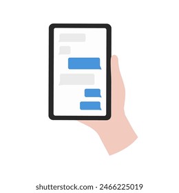 Hand holding phone screen with texting messages. Technology, social media, communication, connection, contact, networking, sms, chat concept. Flat vector design isolated illustration.