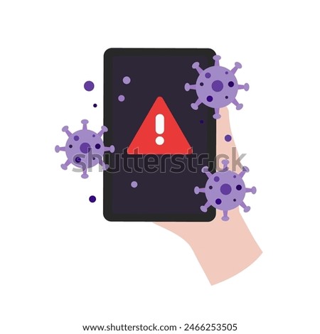Hand holding phone screen with warning virus alert. Technology, website error, internet problem, malware, hacking, scam, fraud concepts. Flat vector design isolated illustration.