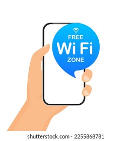 Hand holding the phone. Search connection. Free Wi-Fi zone blue icon. WIFI internet connection icon sign isolated on white background, flat style. Free wifi here sign concept. Vector illustration