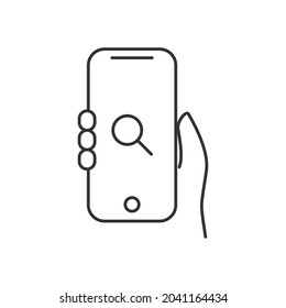 Hand Holding Phone Searching icon. Very suitable for your web design, mobile app design, poster design, etc. 
Vector illustration on a white background. Thin outline icon.
