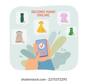 Hand holding phone with secondhand sale app vector illustration. Customer buying dress in online shop. Second hand sales, online shopping, cashless payment, sustainability concept