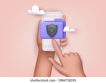 Hand holding phone with secure confidential files folder access and private lock. 3D Vector Illustrations.