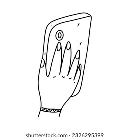 Hand holding the phone for selfie shooting Hand drawn doodle style. Vector illustration isolated on white. Coloring page.