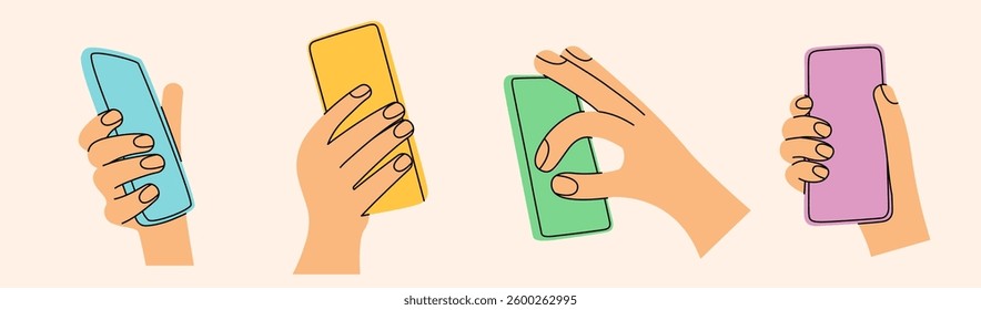 Hand holding a phone. Set of gestures in various positions. Colorful trendy vector illustration. Index, middle, ring, little fingers and thumb