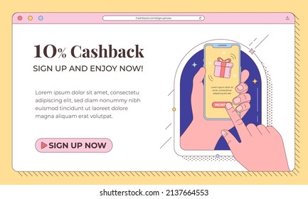 Hand holding phone with shaking gift. E-commerce online shopping sign up membership, redeem present website banner design, vector illustration.