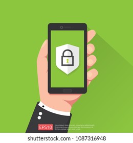 hand holding phone with shield padlock protection sign mark icon symbol on screen. Mobile Internet VPN Security protection Concept vector illustration.