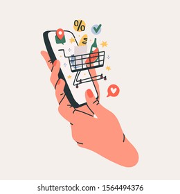 Hand holding phone with shopping cart. Market shopping. Communication, social networking concept. Stylized hand drawn vector illustration for Mobile Application or web sites and banner design