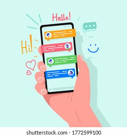 Hand holding phone with short messages, icons and emoticons. Chatting with friends and sending new messages. Social networking concept. Vector flat cartoon illustration for web sites design.