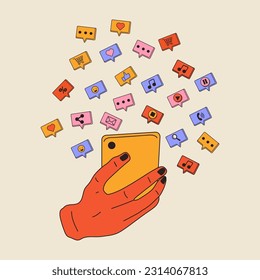 Hand holding phone with short messages, icons and emoticons. Chatting with friends and sending new messages. Communication, social networking concept. Vector illustration in flat style