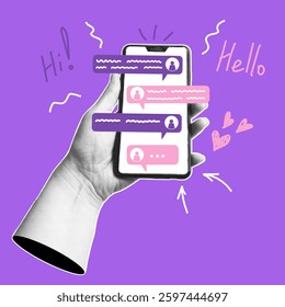 Hand holding phone with short messages on screen. Chatting with friends and sending new messages. Social media communication concept. Trendy collage banner with halftone effects. Pop art illustration