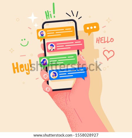 Hand holding phone with short messages, icons and emoticons. Chatting with friends and sending new messages. Colorful speech bubbles boxes on smartphone screen flat design vector illustration.