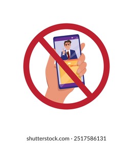 Hand holding a phone showing a political figure, with a red circle and line symbol indicating restriction, potentially emphasizing a ban on virtual voting or endorsement