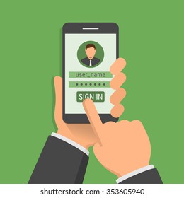 Hand holding phone with sign-in page on smartphone screen, flat design illustration