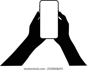 Hand holding phone silhouette illustration. People holding smartphone isolated on white