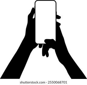 Hand holding phone silhouette illustration. People holding smartphone isolated on white