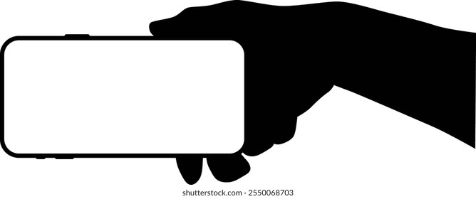 Hand holding phone silhouette illustration. People holding smartphone isolated on white