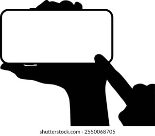 Hand holding phone silhouette illustration. People holding smartphone isolated on white