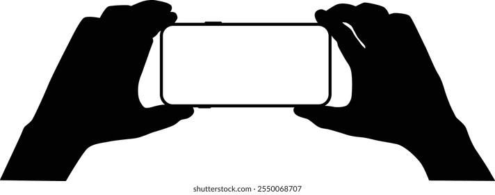 Hand holding phone silhouette illustration. People holding smartphone isolated on white