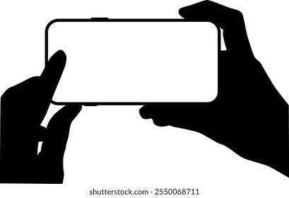 Hand holding phone silhouette illustration. People holding smartphone isolated on white